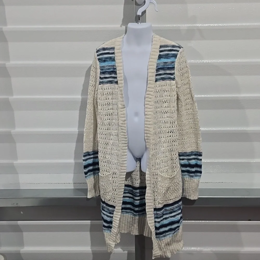 Justice Blue and White Crocheted‎ Style Long Sweater Size 10